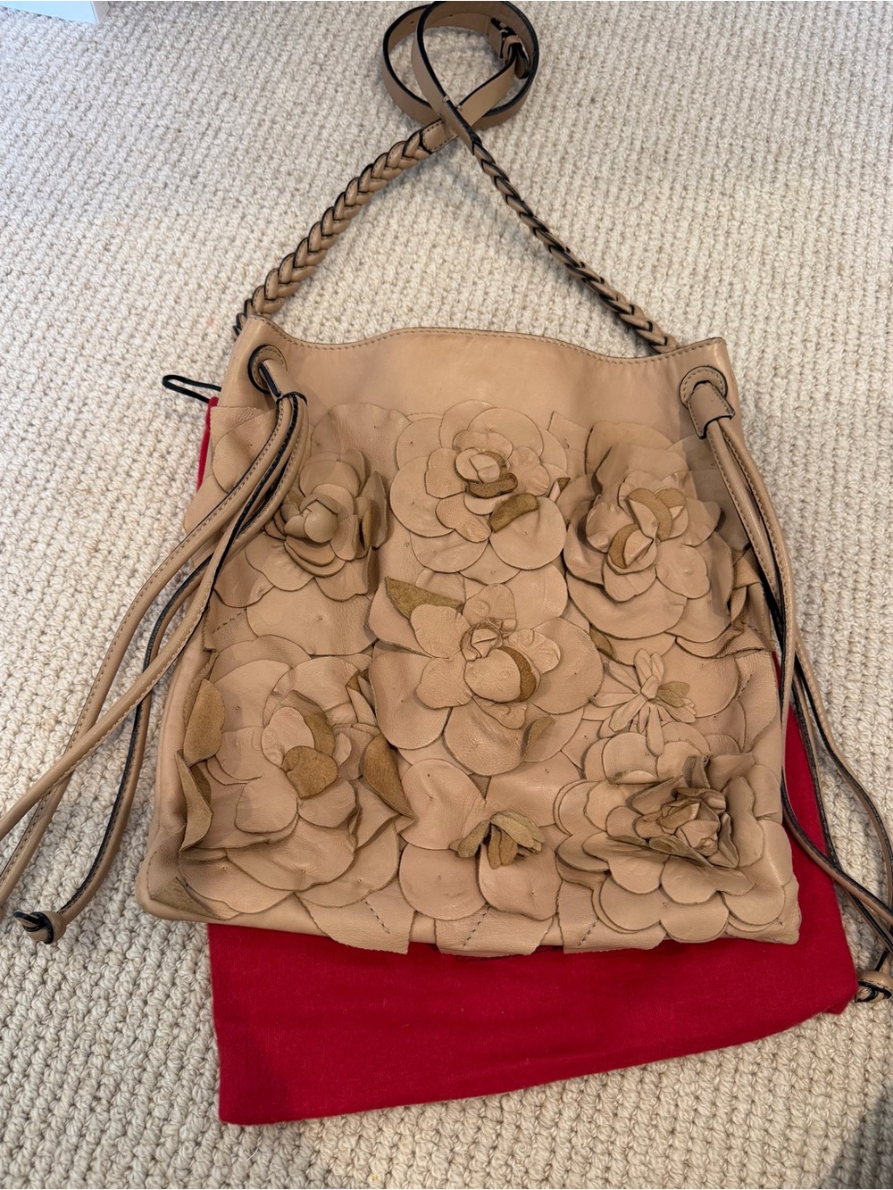 Valentino Tan Floral Appliqué Leather Shoulder Bag
